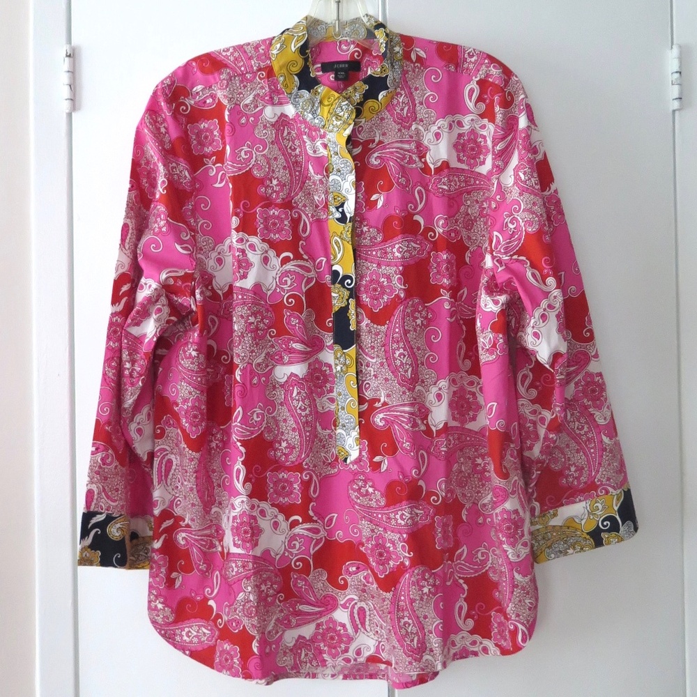 NWT J Crew Popover Tunic Shirt- Paisley Print Cotton, Contrast Collar/Cuff